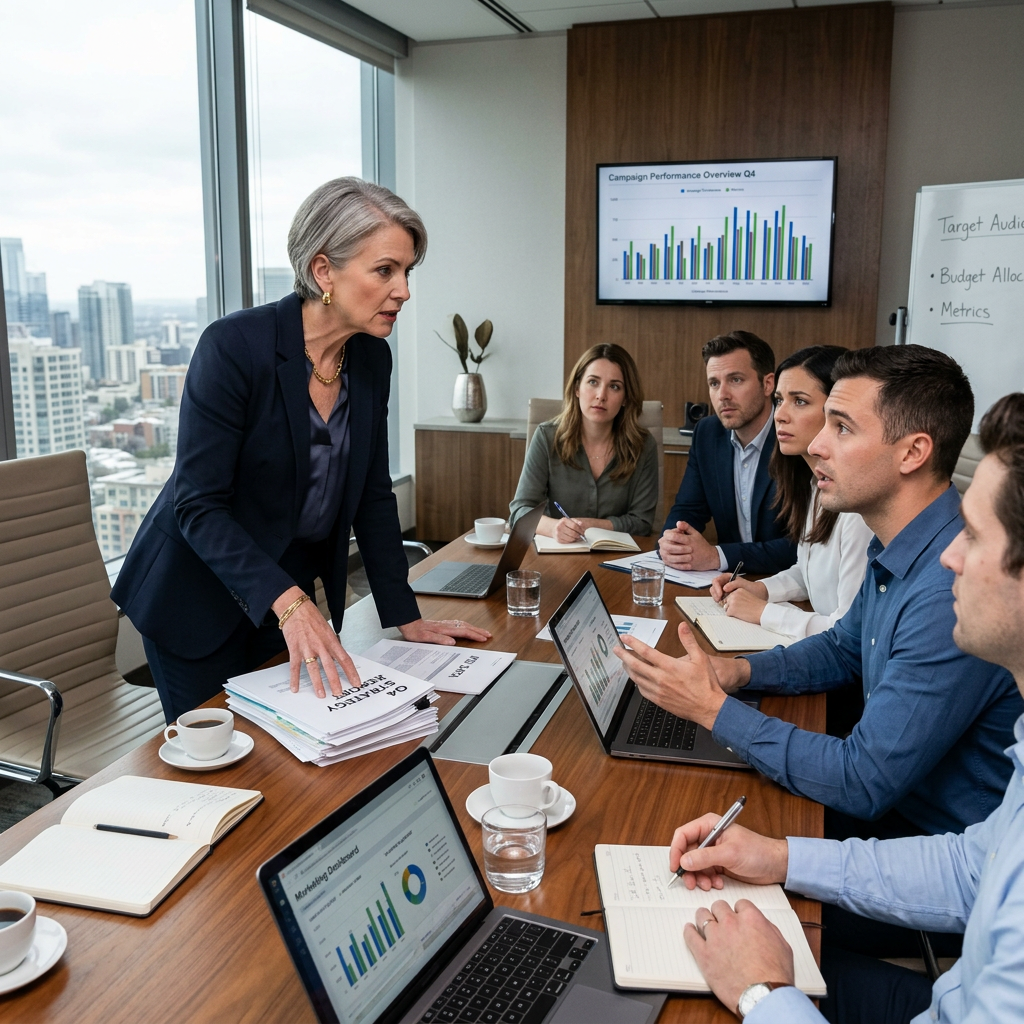 Businesswoman presenting strategy documents to colleagues during a meeting with charts on screens